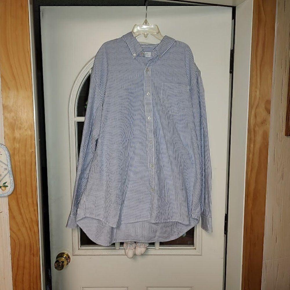 New Gap Standard Fit Stretch White Blue Striped Button Down Shirt Men's XXL